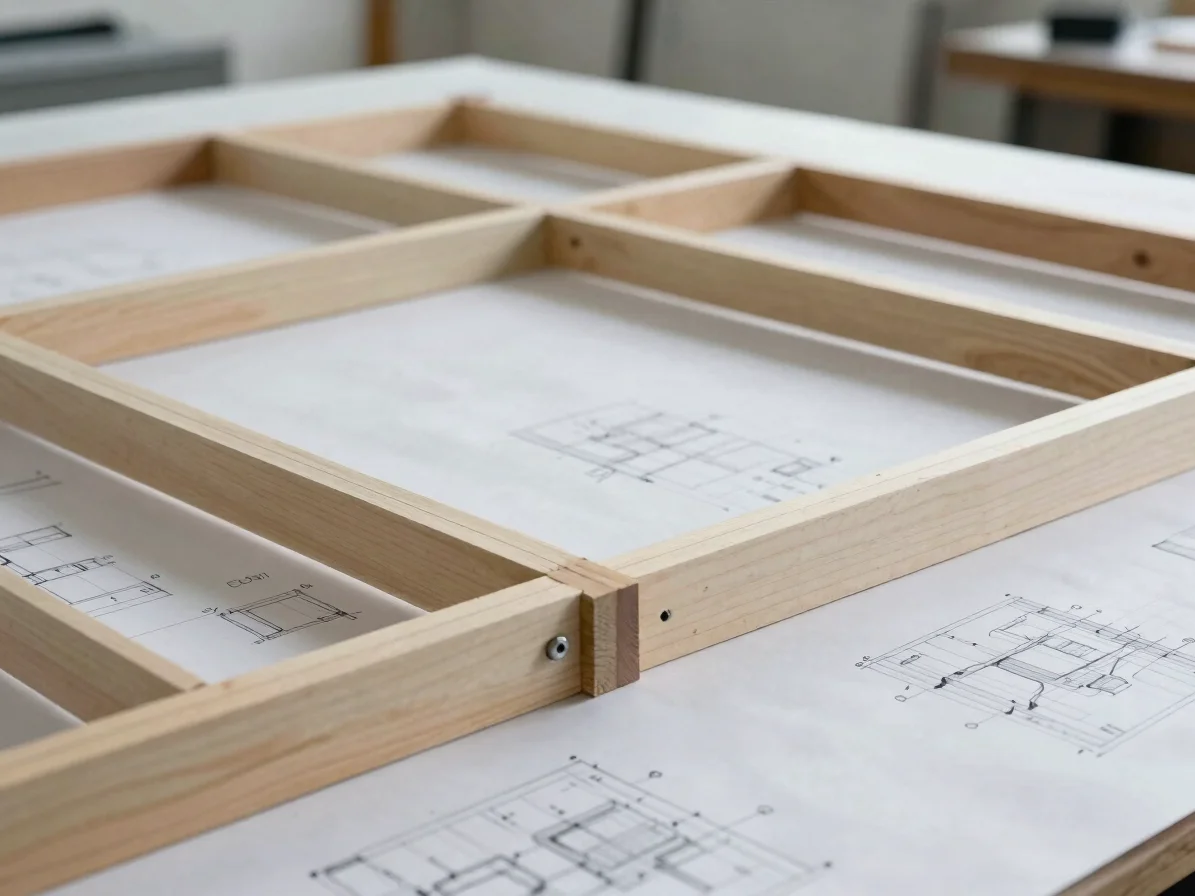 Structural framing details and connection drawings on a worktable, soft overcast light, precise close framing