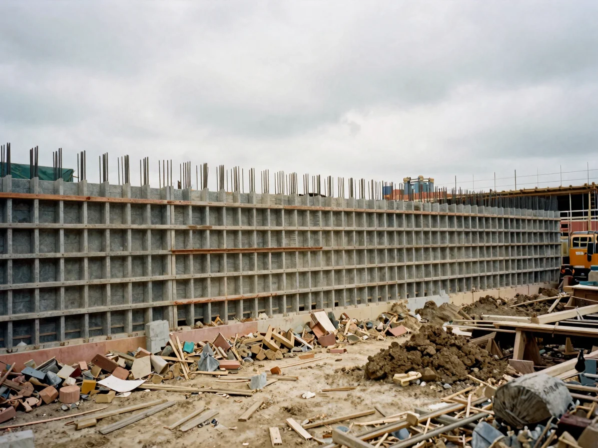 Construction site view of a soldier pile shoring wall during exca