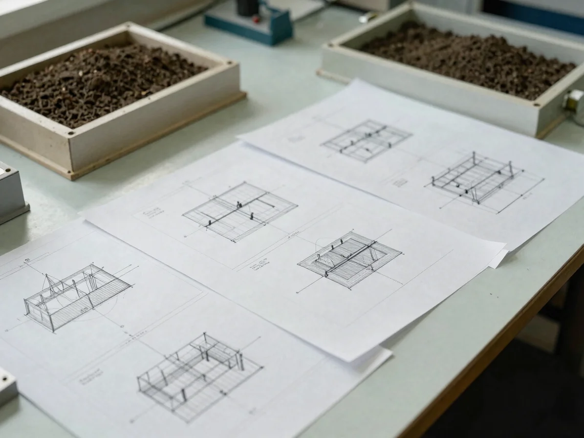Engineering drawings and soil-structure calculations spread on a drafting table beside a laboratory soil sample, soft na