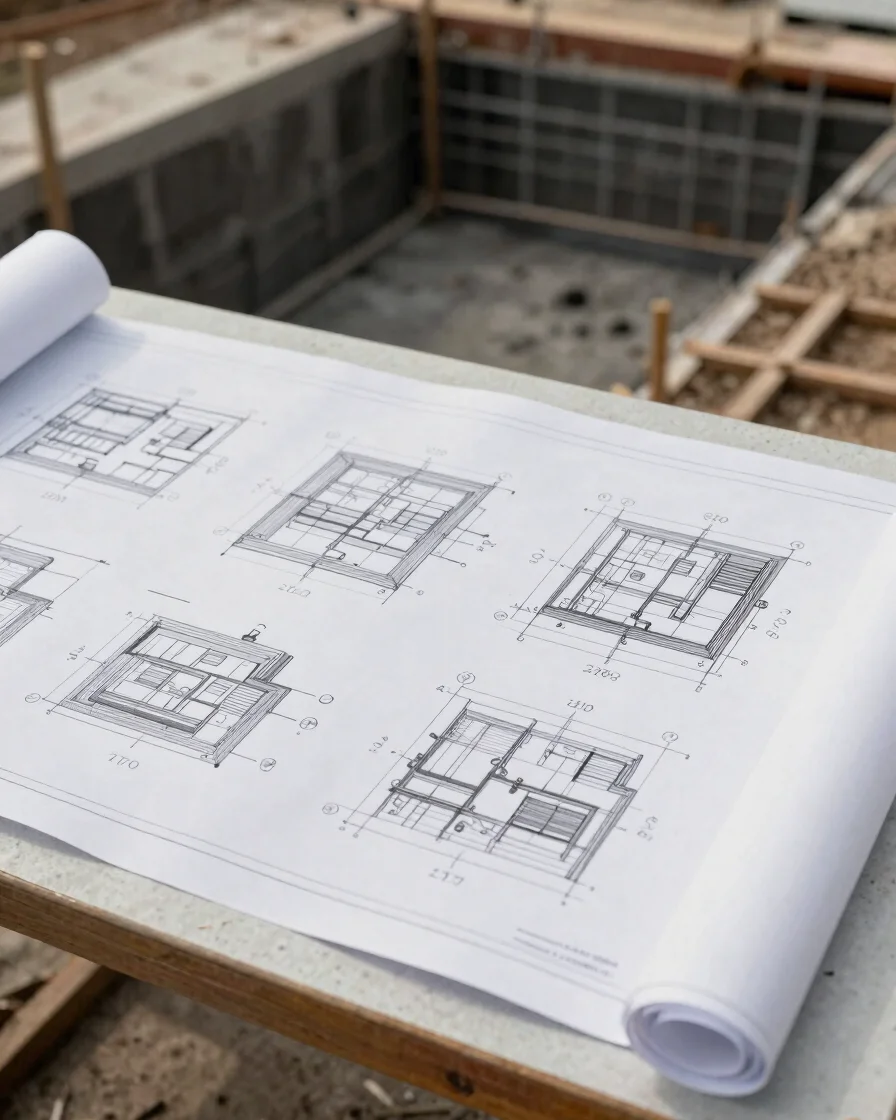 Engineering drawings and a site investigation log laid on a table beside a partially completed deep foundation, soft nat