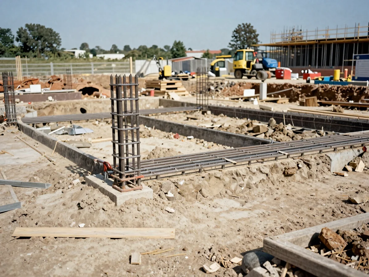 Foundation excavation and footing detail on a construction site, natural daylight, realistic site conditions