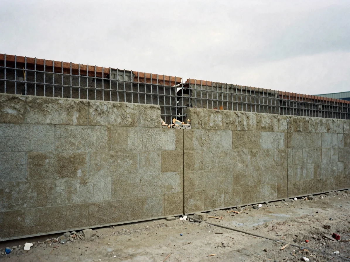Exposed retaining wall section with drainage and reinforcement detail, soft overcast light, documentary framing