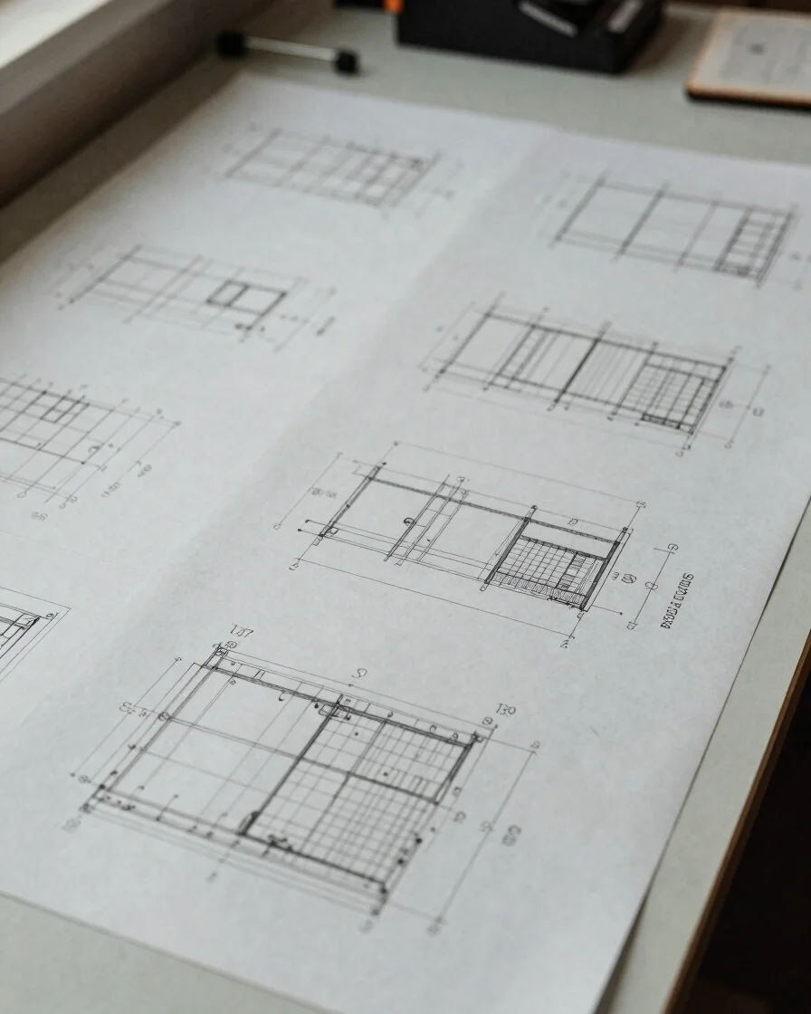 Engineering drawings and foundation calculations spread across a