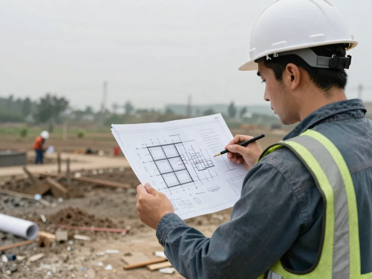 Structural engineer reviewing foundation detail drawings beside a