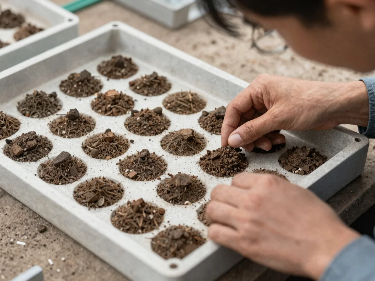 Geotechnical engineer examining soil sample cores on a site inves