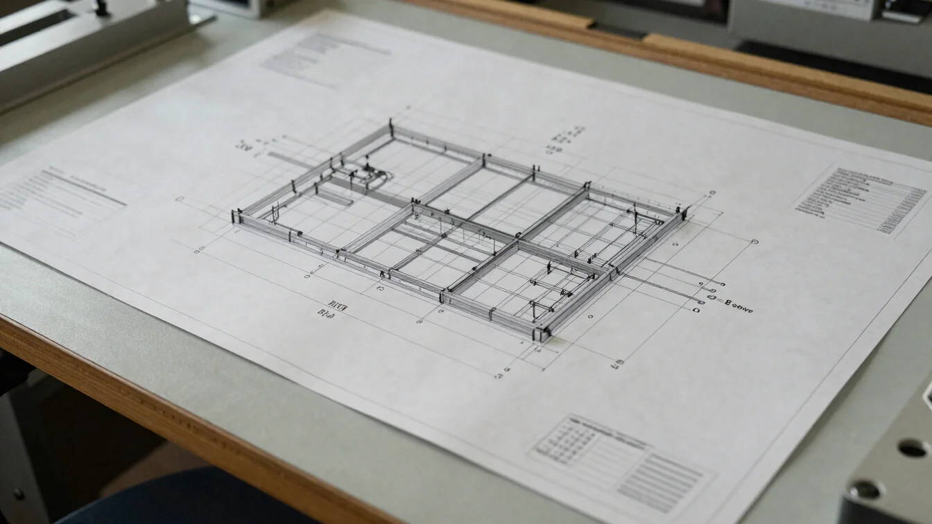Precise structural engineering drawing on a drafting table, natur