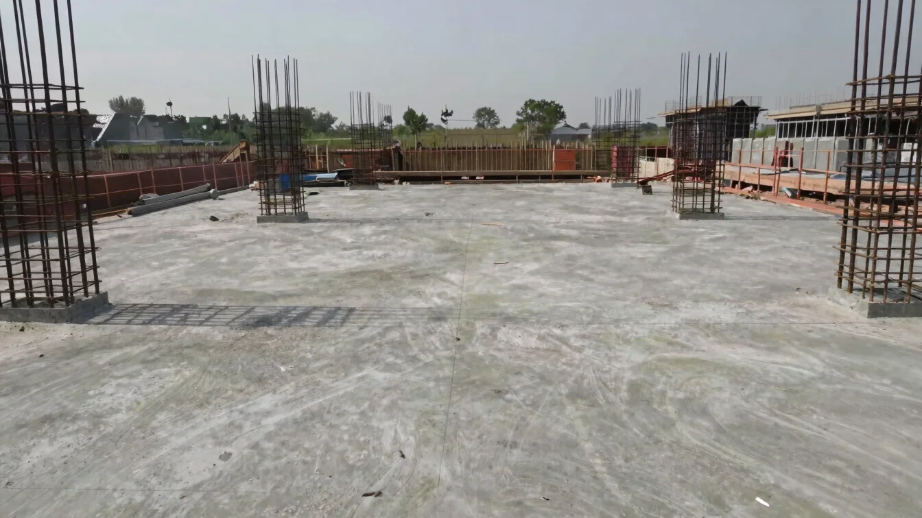 Reinforced concrete foundation preparation on a construction site