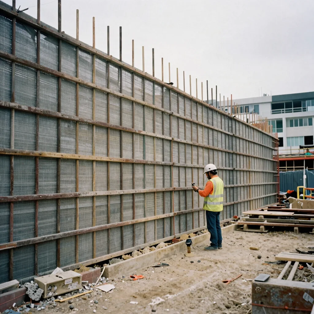 Excavation shoring wall under construction beside an active urban