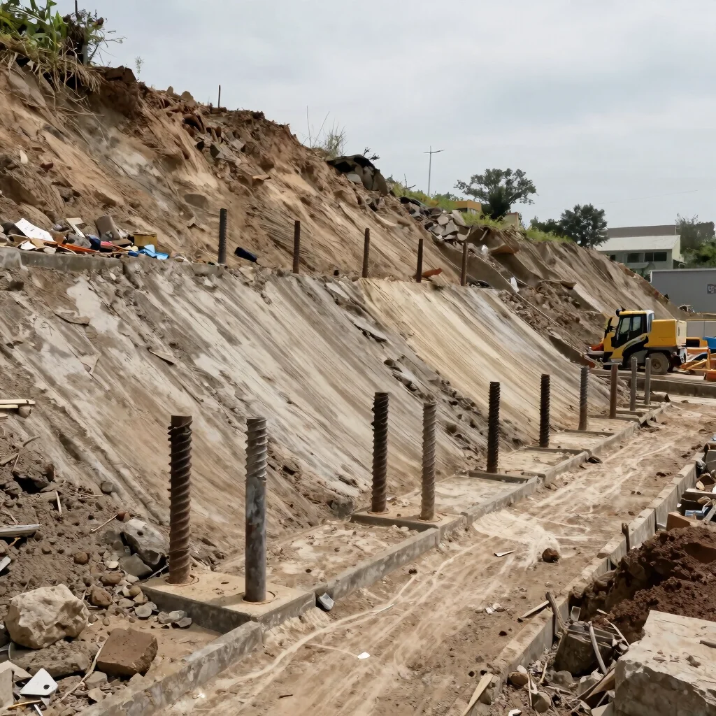 Slope stabilization works with drilled piers and retention face,