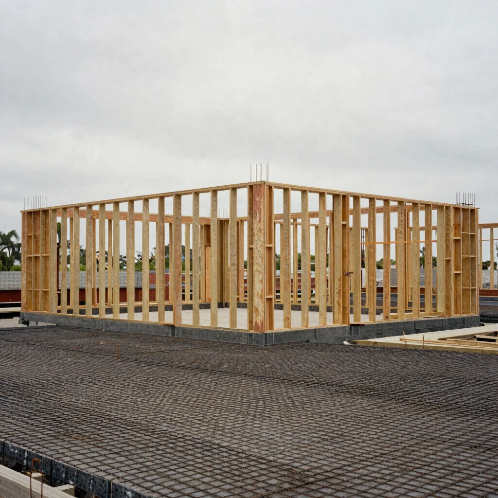 Structural framing of a commercial building above a reinforced fo